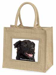 Black Border Collie With Love Natural/Beige Jute Large Shopping Bag