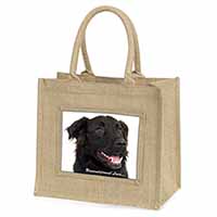 Black Border Collie With Love Natural/Beige Jute Large Shopping Bag