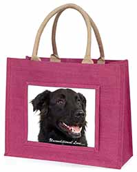 Black Border Collie With Love Large Pink Jute Shopping Bag