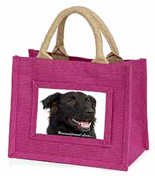 Black Border Collie With Love Little Girls Small Pink Jute Shopping Bag