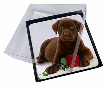 4x Chesapeake Bay Retriever with Rose Picture Table Coasters Set in Gift Box