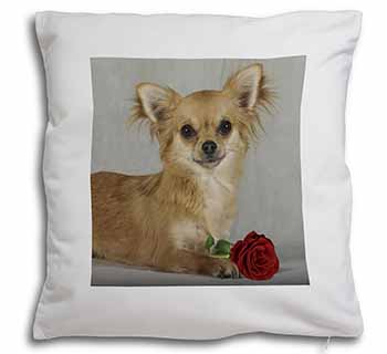Chihuahua with Red Rose Soft White Velvet Feel Scatter Cushion