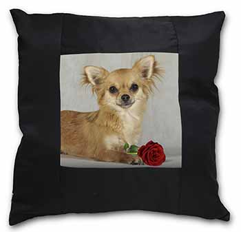 Chihuahua with Red Rose Black Satin Feel Scatter Cushion