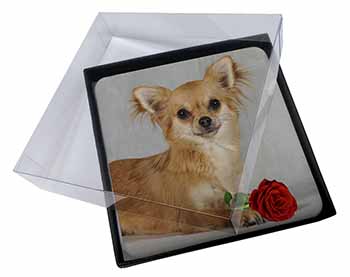 4x Chihuahua with Red Rose Picture Table Coasters Set in Gift Box