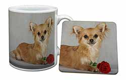 Chihuahua with Red Rose Mug and Coaster Set