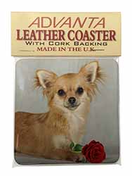 Chihuahua with Red Rose Single Leather Photo Coaster