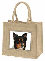 Tri-Colour Border Collie Dog Natural/Beige Jute Large Shopping Bag