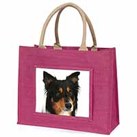 Tri-Colour Border Collie Dog Large Pink Jute Shopping Bag