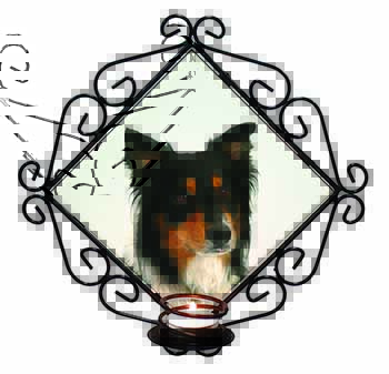Tri-Colour Border Collie Dog Wrought Iron Wall Art Candle Holder
