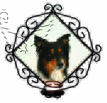 Tri-Colour Border Collie Dog Wrought Iron Wall Art Candle Holder