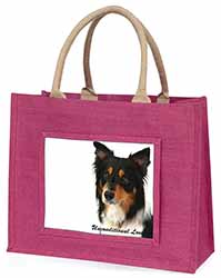 Tri-Colour Border Collie-Love Large Pink Jute Shopping Bag