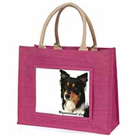 Tri-Colour Border Collie-Love Large Pink Jute Shopping Bag