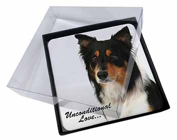 4x Tri-Colour Border Collie-Love Picture Table Coasters Set in Gift Box