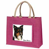 Tri-colour Border Collie Dog "Yours Forever..." Large Pink Jute Shopping Bag