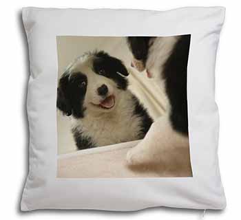 Border Collie in Mirror Soft White Velvet Feel Scatter Cushion