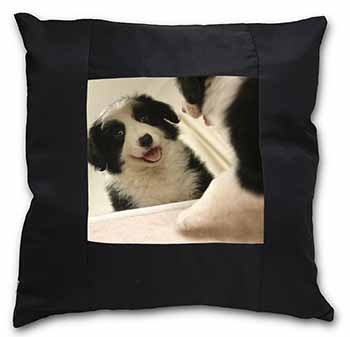 Border Collie in Mirror Black Satin Feel Scatter Cushion