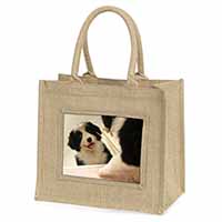 Border Collie in Mirror Natural/Beige Jute Large Shopping Bag