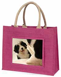 Border Collie in Mirror Large Pink Jute Shopping Bag