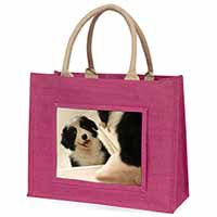 Border Collie in Mirror Large Pink Jute Shopping Bag