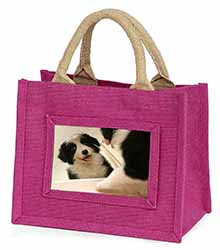 Border Collie in Mirror Little Girls Small Pink Jute Shopping Bag