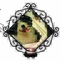 Border Collie in Mirror Wrought Iron Wall Art Candle Holder