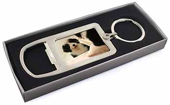 Border Collie in Mirror Chrome Metal Bottle Opener Keyring in Box