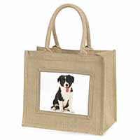 Border Collie Puppy Natural/Beige Jute Large Shopping Bag