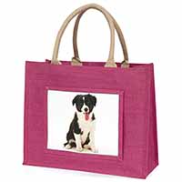 Border Collie Puppy Large Pink Jute Shopping Bag