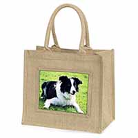 Border Collie Dog Natural/Beige Jute Large Shopping Bag