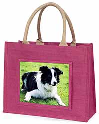 Border Collie Dog Large Pink Jute Shopping Bag