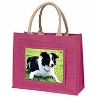 Border Collie Dog Large Pink Jute Shopping Bag