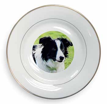 Border Collie Dog Gold Rim Plate Printed Full Colour in Gift Box