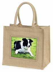 Border Collie Dog "Yours Forever..." Natural/Beige Jute Large Shopping Bag