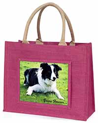 Border Collie Dog "Yours Forever..." Large Pink Jute Shopping Bag