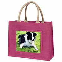 Border Collie Dog "Yours Forever..." Large Pink Jute Shopping Bag