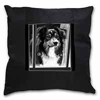 Border Collie in Window Black Satin Feel Scatter Cushion