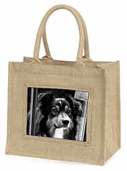 Border Collie in Window Natural/Beige Jute Large Shopping Bag