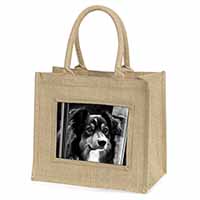 Border Collie in Window Natural/Beige Jute Large Shopping Bag