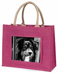 Border Collie in Window Large Pink Jute Shopping Bag