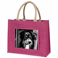 Border Collie in Window Large Pink Jute Shopping Bag