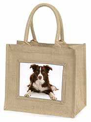 Liver and White Border Collie Natural/Beige Jute Large Shopping Bag