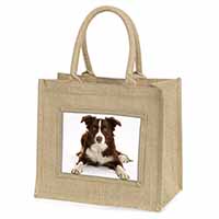 Liver and White Border Collie Natural/Beige Jute Large Shopping Bag