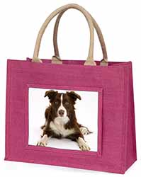 Liver and White Border Collie Large Pink Jute Shopping Bag