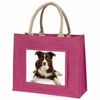 Liver and White Border Collie Large Pink Jute Shopping Bag