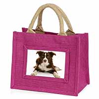 Liver and White Border Collie Little Girls Small Pink Jute Shopping Bag