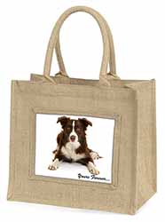 Liver and White Border Collie "Yours Forever..." Natural/Beige Jute Large Shoppi