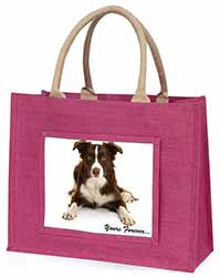 Liver and White Border Collie "Yours Forever..." Large Pink Jute Shopping Bag