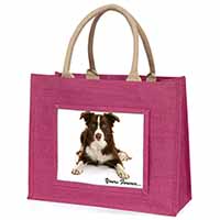 Liver and White Border Collie "Yours Forever..." Large Pink Jute Shopping Bag