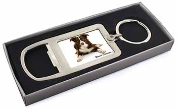 Liver and White Border Collie "Yours Forever..." Chrome Metal Bottle Opener Keyr