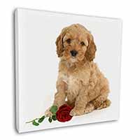 Cockerpoodle Puppy with Red Rose Square Canvas 12"x12" Wall Art Picture Print